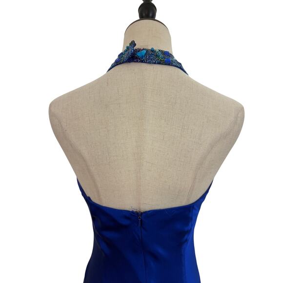 Y2K cache royal blue silk dress turquoise beaded halter gown sz 2 prom boho - Picture 8 of 13